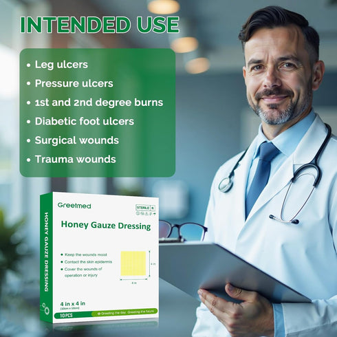 4" 4" 1st 2nd-Degree Pack 10) Greetmed Honey Gauze Wound Dressing x Medical Grade Manuka Honey Wound Care Pads Honey