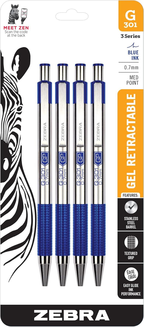 Zebra Pen G-301 Retractable Gel Pen, 4-Pack, Premium Stainless Steel Barrel, Medium Point 0.7mm Blue Ink