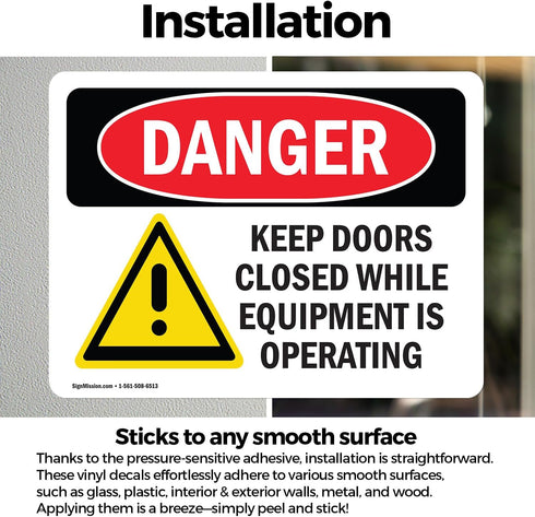 (2 Pack) OSHA Danger Sign Keep Doors Closed While Equipment Operating, 7 Inch X 5 Inch Vinyl Label Decal Sticker
