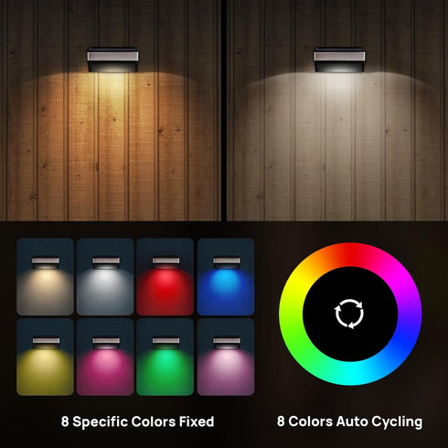 BRIGHTRIGHT 4 Pack 8 Solar Deck Lights Outdoor Waterproof - Step Lights for Stairs & Fence, Color Changing Security
