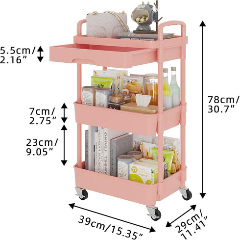 Calmootey 3-Tier Rolling Utility Cart with Drawer, Multifunctional Storage Organizer with Plastic Shelf & Metal Wheel,