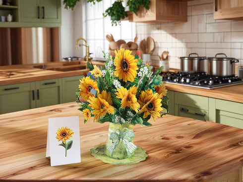 Sharonlily 3D Sunflower Bouquet Greeting Card, Forever flower Pop Up Bouquet Card with Blank Note & Envelope, Handmade