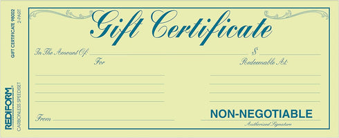 Rediform Gift Certificate Pack, 25 Duplicates with Envelopes, Blue/Gold, 3.625" x 9.5", Numbered