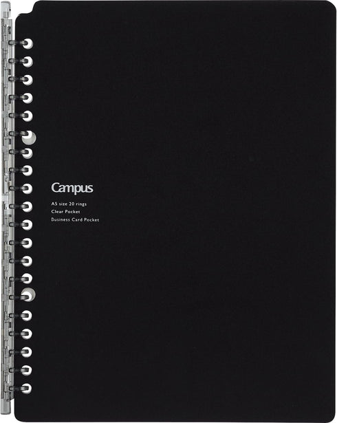 Smart Ring Binder, Kokuyo Campus, A5 Black, Up to 25 Sheets, 20 Holes, Slim Folder with 10 Extra Paper