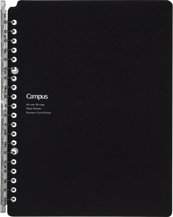 Smart Ring Binder, Kokuyo Campus, A5 Black, Up to 25 Sheets, 20 Holes, Slim Folder with 10 Extra Paper