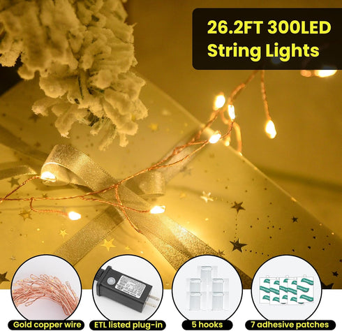 300 8 10ft Dailyart LED Fairy Lights with Remote, Warm White, Modes, Plug in, Waterproof, Christmas Decoration
