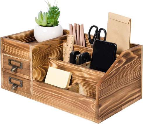 Liry Products Rustic Wooden Desktop Organizer, Brown Tabletop Storage Cabinet with 2 Tier Drawers, Multiple Compartments