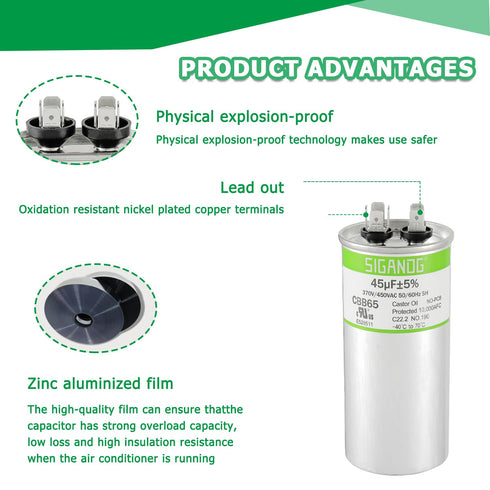 45 MFD 45 uF 370 or 450 Volt CBB65 Capacitor for AC Motor Run, Heat Pump, Air Conditioner, HVAC Capacitor