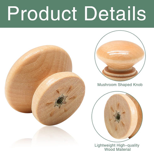 15PCS Round Wood Drawer Knobs, 1-3/8 inch Diameter Mushroom Knobs with Mounting Screws for Furniture - Wood Grain