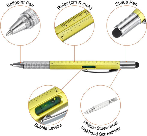 MECCANIXITY 4pcs 6 in 1 Multitool Tech Tool Pen Gifts for Men with Ballpoint Pen, Ruler, Screwdriver, Stylus