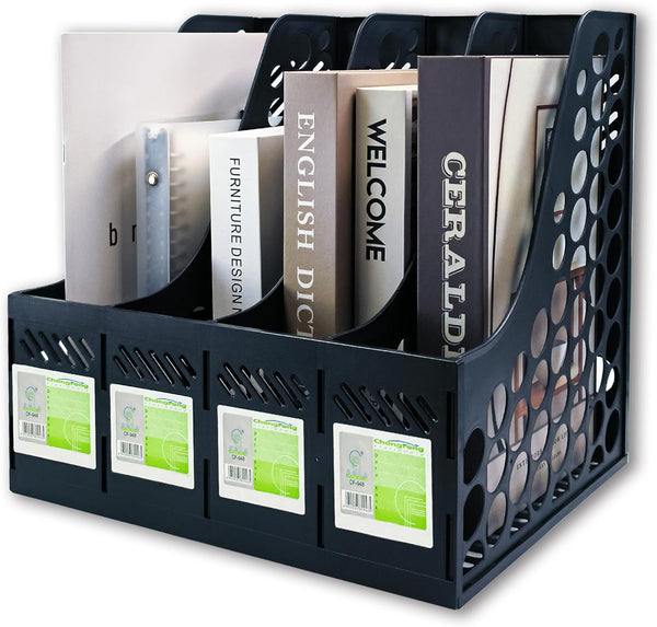Magazine File Holder, Plastic 4 Compartments Desk Organizer for Office Storage, Vertical Binder Organizer (Black)