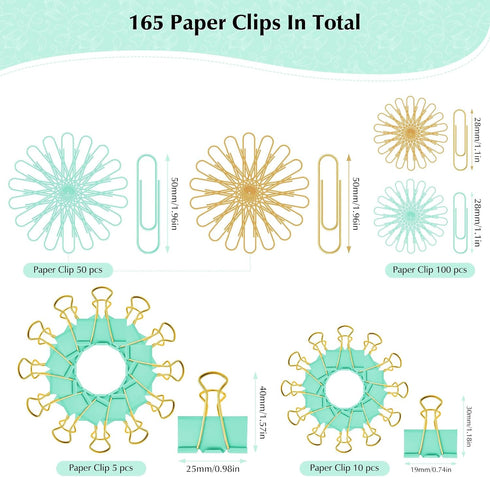 Cute Paper Clips and Binder Clips Combo Set, 165 Pcs Assorted Size Office Supplies, Green