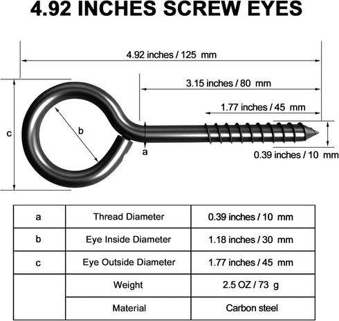 ZAUGONTW 12 Pcs 5 Inch Eye Hooks, Heavy Duty Black Large Screw Eye Hooks for Hanging, Tie-Downs, Heavy-Duty Applications