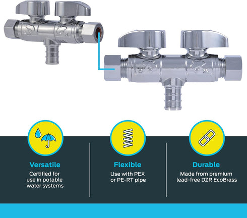 SharkBite Crimp Dual Shut Off Valve, Push to Connect Brass Plumbing Fitting, PEX, PE-RT