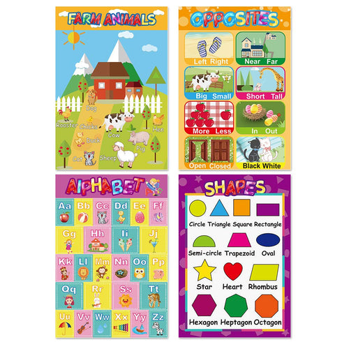 Educational Posters for Preschoolers, 12PCS Alphabet Letters, Numbers, Shapes, Colors, 11 x 16 Inch