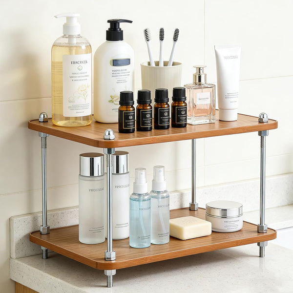 FMOACEN 2-Tier Bathroom Counter Organizer Wooden Bathroom Shelf for Makeup Skincare Perfume and
