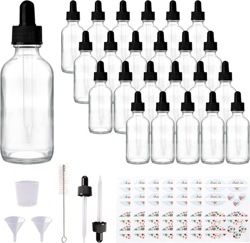 24 Pack 2oz Clear Glass Bottles with Eye Droppers for Essential Oils, Perfumes & Lab Chemicals (Includes Brush,