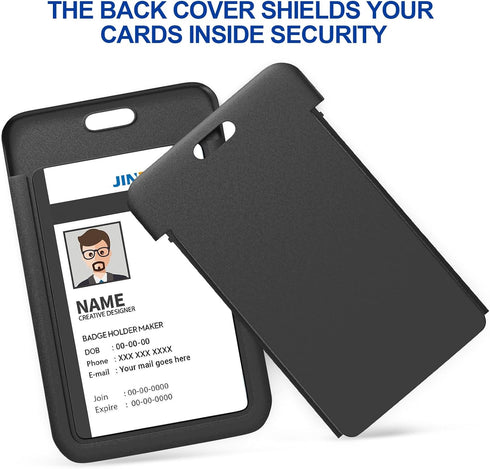 JINEASY ID 2 Pack Hard Plastic ID Badge Holder, Vertical Card Holder for Work Key Cards, Heavy Duty, Black