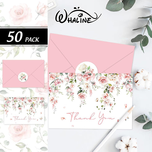 50 Pack Whaline Pink Flower Thank You Cards Floral Thank You Greeting Note Cards Boxed with Envelope Sticker