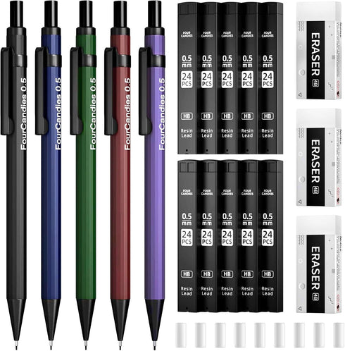 Four Candies 5PCS Metal Mechanical Pencil Set, 0.5mm with Dual Spring, Vintage Barrels, 240 HB Lead Refills