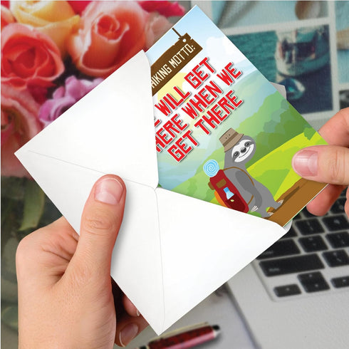 NobleWorks Cute Belated Birthday Card with Envelope, Funny Wild Animals and Pets, Birthday Greeting - Sloth Hiking
