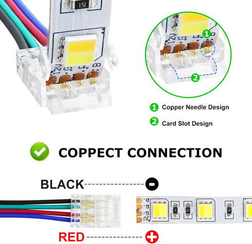 LightingWill 4Pin 10mm, 10 4 5050 RGB LED Connectors PCS Strip to Wire Connector Transparent Solderless, LED Tape Light
