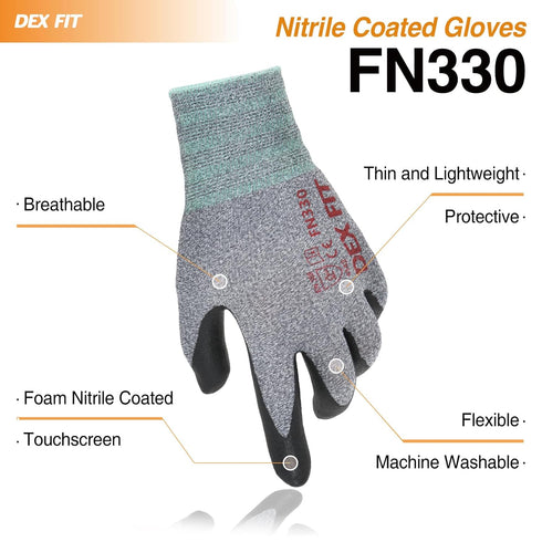 DEX FIT Nitrile Work Gloves FN330, 1 Pair, 3D-Comfort Stretchy Fit, Firm Grip, Thin & Lightweight, Touch-Screen Compatible, Durable, Breathable & Cool, Machine Washable; Grey L (9)