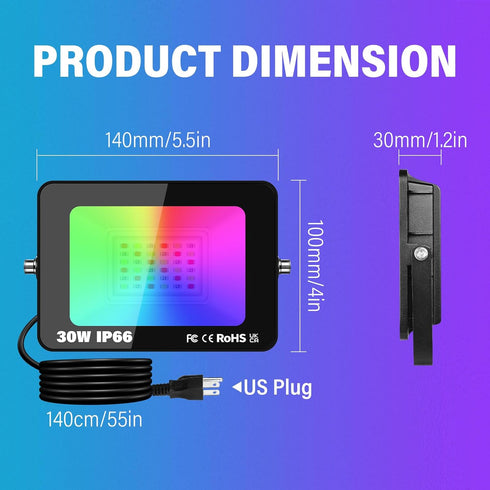 1 30W Dimmable SKYWORLD x LED Floodlights Outdoor, Smart RGB Flood Lights with Plug, APP Remote Control, Colour