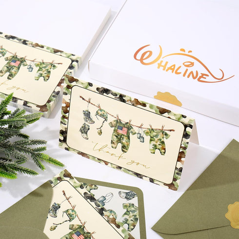 50 4 6 Inch Whaline Pcs Baby Shower Thank You Cards Greeting Cards with Envelopes Stickers Vintage Green Camouflage