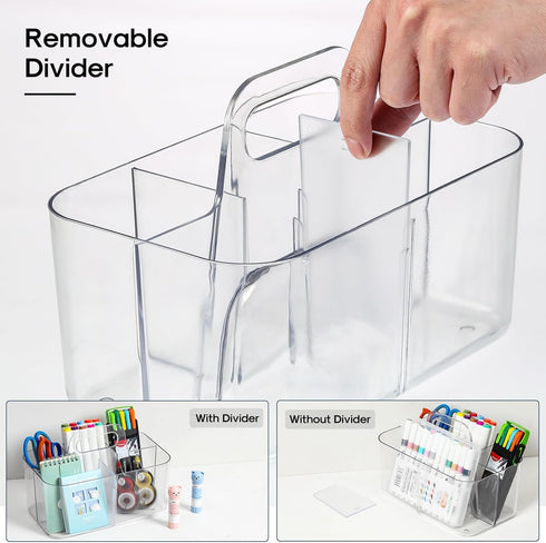 Multiuse Caddy Organizer with Handle, Portable Divided Plastic Tote Bin - Art Craft, Stationary Pen Marker Crayons