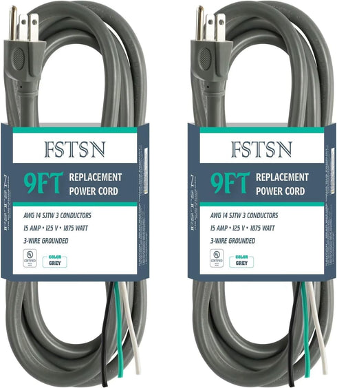 2 Pack 9 ft 14/3C SJTW Appliance Power Tool Cord, 14 Gauge 3 Prong Replacement Cable, 15A, 1875w Grey