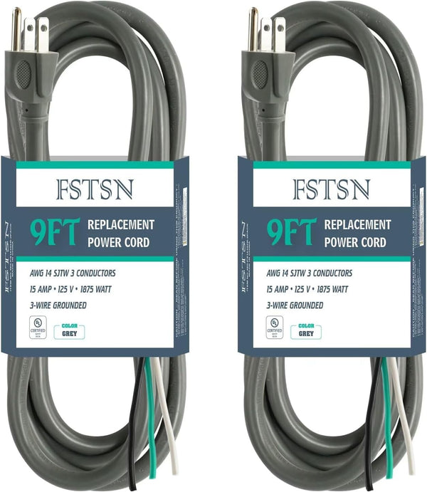 2 Pack 9 ft 14/3C SJTW Appliance Power Tool Cord, 14 Gauge 3 Prong Replacement Cable, 15A, 1875w Grey