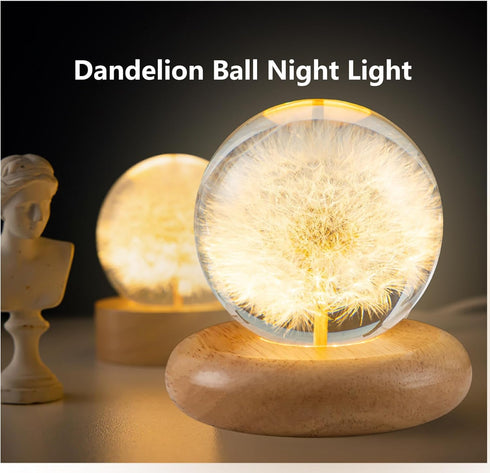 Pletmin 2.76 inch Dandelion Ball Night Light, Ball Night Lamp with Wooden Base, Fall Decorations for Home Gift for Dad