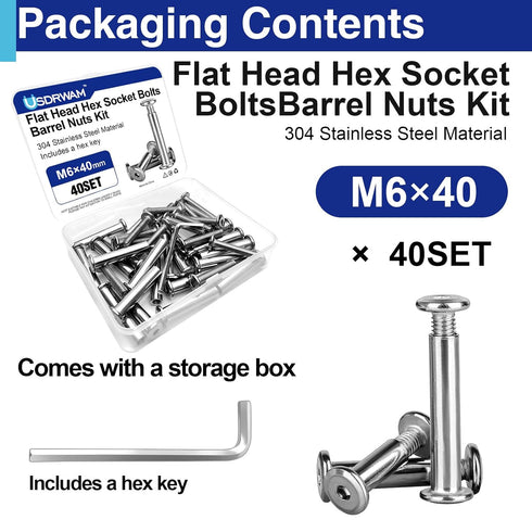 Usdrwam 40 Sets M6 40 mm Barrel Nuts and Bolts, Hex Socket Binding Screws for Furniture, Cabinets, and Cribs Assembly
