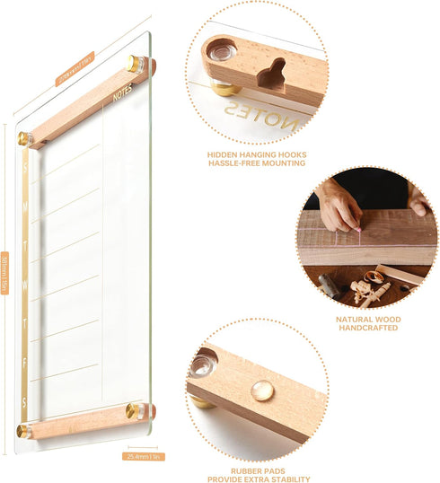 Clear Gold Glass Weekly Dry Erase Calendar 15x11", Menu & Meal Planner with Wood Decoration, Marker Holder and 4 Markers