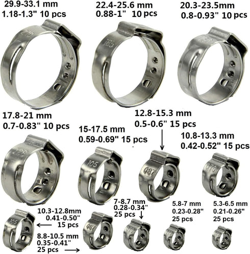 200 Pcs 304 Stainless Steel Stepless Single Ear Hose Clamps with Pincers Crimper Tool Kit for Automotive