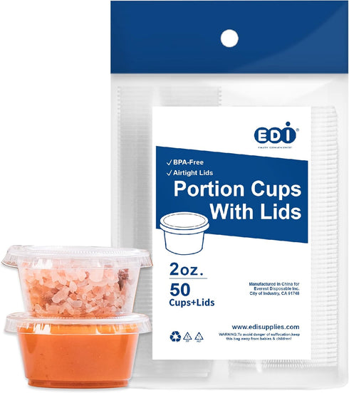 EDI Clear Disposable Plastic Portion Cups with Leakproof Lids, Jello Shot, Condiment and Dipping Sauce, 2 OZ, 50 Sets