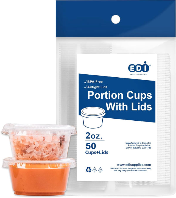 EDI Clear Disposable Plastic Portion Cups with Leakproof Lids, Jello Shot, Condiment and Dipping Sauce, 2 OZ, 50 Sets