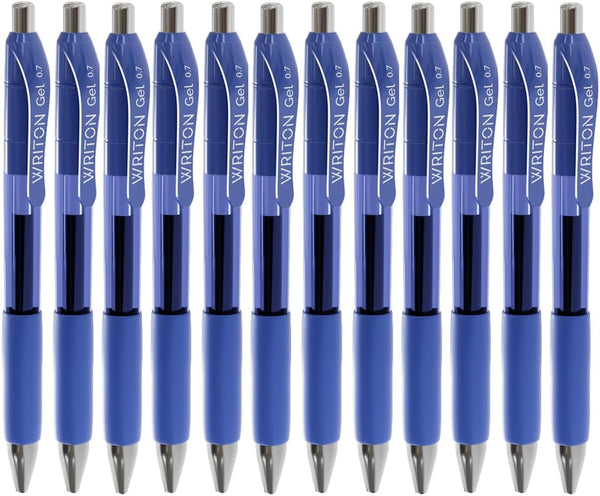 Writon 12 Pack Retractable Gel Pens, Comfort Grip, 0.7mm Fine Point, Blue Ink