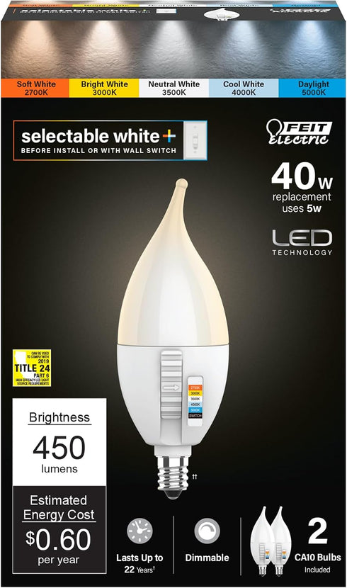 Feit Electric CA10 LED Candle Bulb Flame Tip, 40W Equivalent, Dimmable, Color