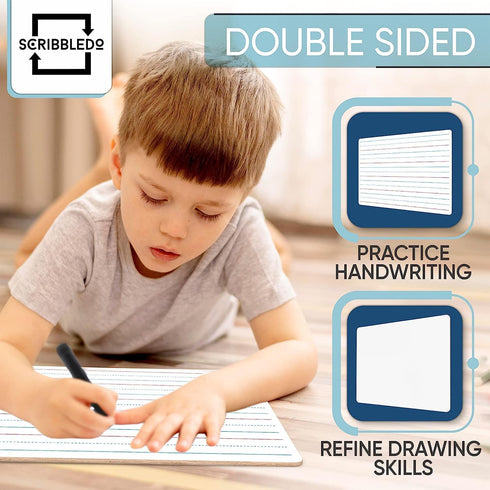 Scribbledo 10 Pack Double Sided Whiteboards, Lined Dry Erase Board for Kids, Handwriting Practice, 9x12, 10 Markers