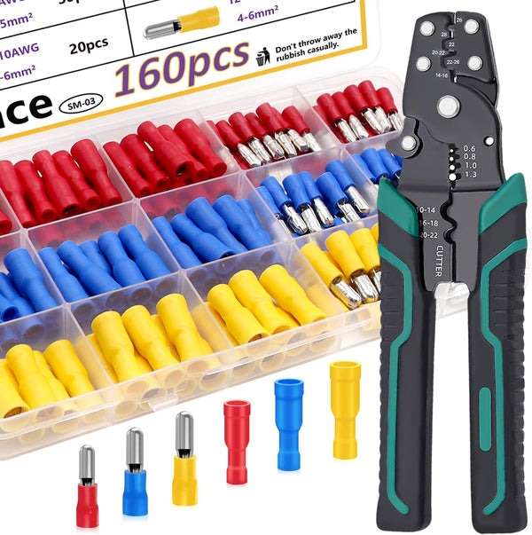 smseace 160pcs Bullet Wire Connectors with Crimp/Stripping Tool, 22-10AWG Insulated Male/Female Kit