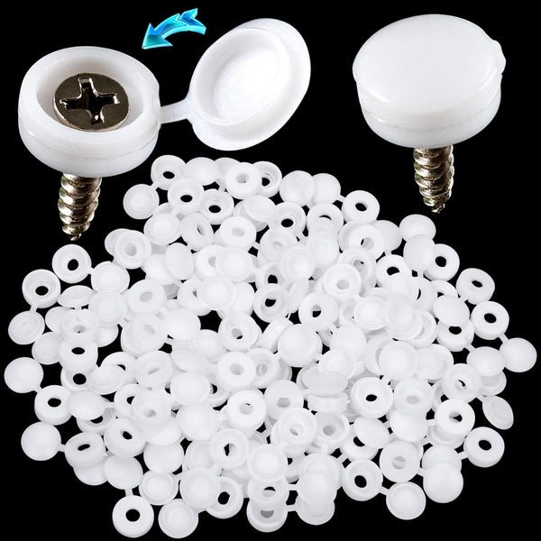 PAGOW 100 Pcs Plastic Hinged Screw Cover Caps, Fold Snap Washer Flip Tops Protection (White)