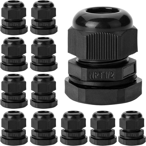 Bates- Cable Gland, 12 Pack, 1/2 NPT Nylon Strain Relief Cord Connector, Watertight Cord Grip, Weatherproof