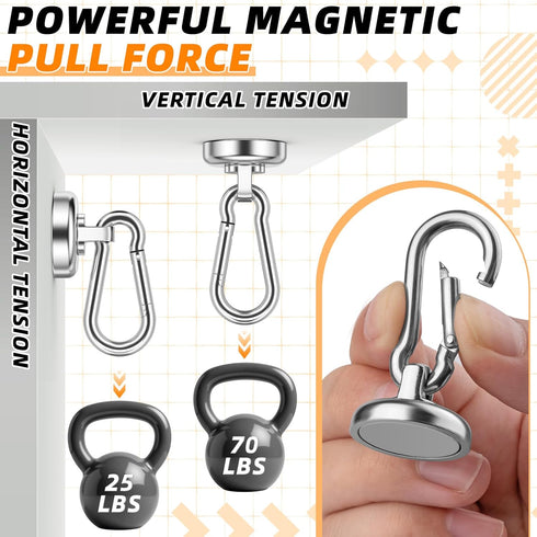 FINDMAG 10 Pack Heavy Duty Neodymium Magnetic Hooks with Swivel Carabiner, 70LBS Magnet Hooks for Kitchen, Home,