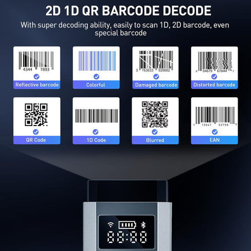 Mini Bluetooth Barcode Scanner, 1D 2D Reader, 3 in 1 Connection Portable QR Code Scanner with TFT Screen for POS