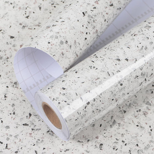 Gray White Terrazzo Contact Paper, 88" X 16" Peel and Stick Adhesive Wallpaper for Kitchen Countertop, Cabinet, Dresser