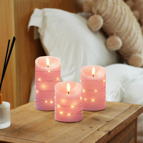 3 Pack Homemory Flameless Candles with String Lights, Embedded Fairy String Lights LED Candles, Electric Flickering