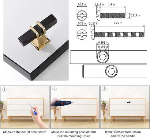 10 Pack Matte Black and Gold Cabinet Pulls, Square T Bar Handles and Knobs for Drawer and Cupboard Hardware