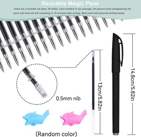 Generic 24Pcs 20 2 2 Magic Pens & Refills for Magic Grooved Writing Practice, Disappearing Ink Pen Kit with Ink